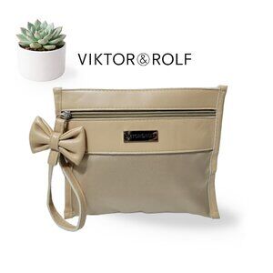 VIKTOR & ROLF Beige Mesh Cosmetic Pouch Wristlet with Bow Detail